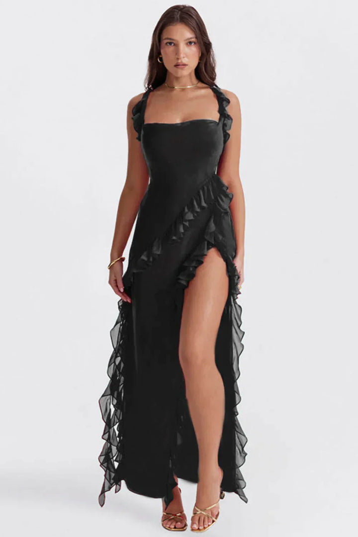 Drune Elegant Kleid | Stilvolles Kleid mit Ausschnitt, Rüschen und rückenfreiem Design