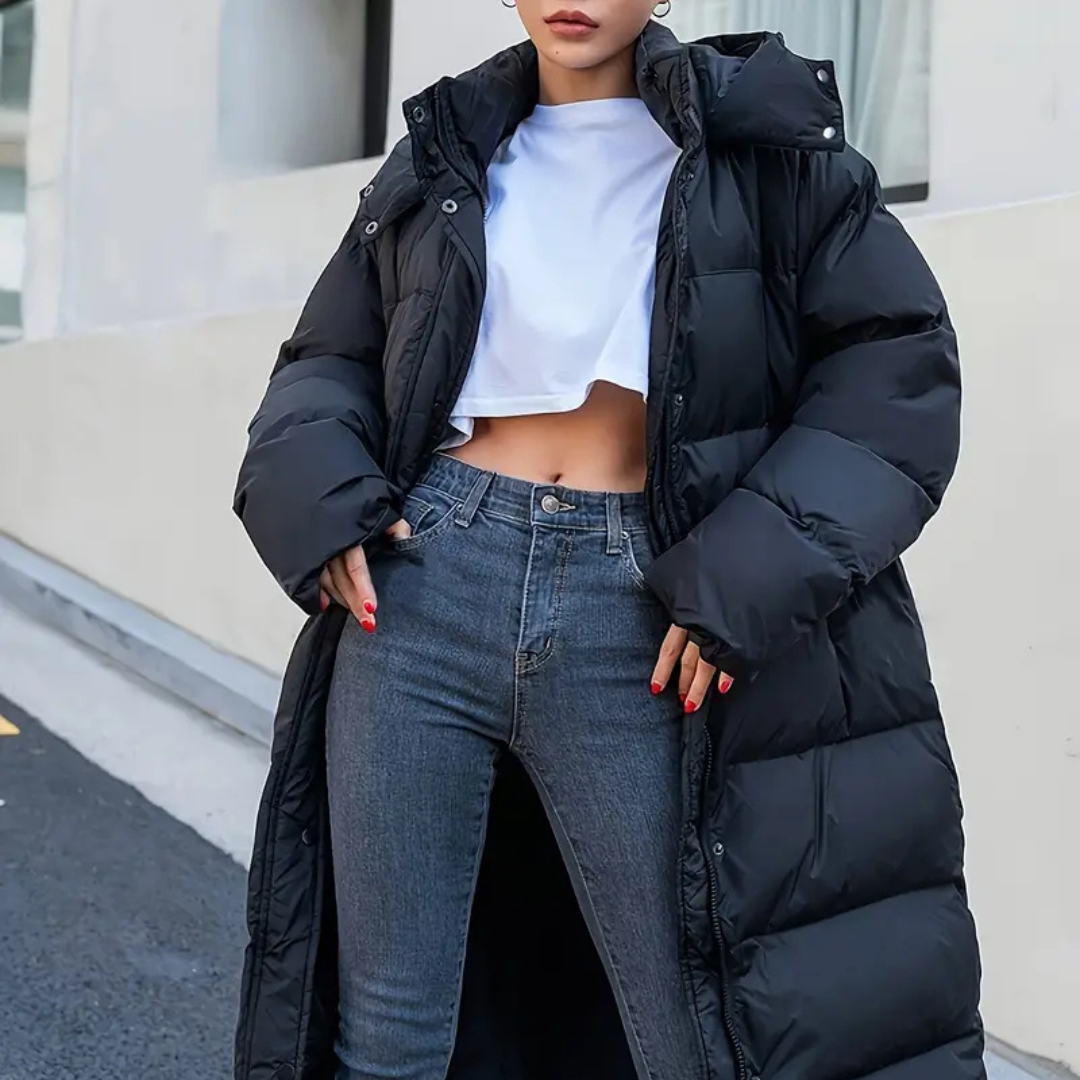 Drune | Schwarze Lange Gekleidete Pufferjacke Für Damen