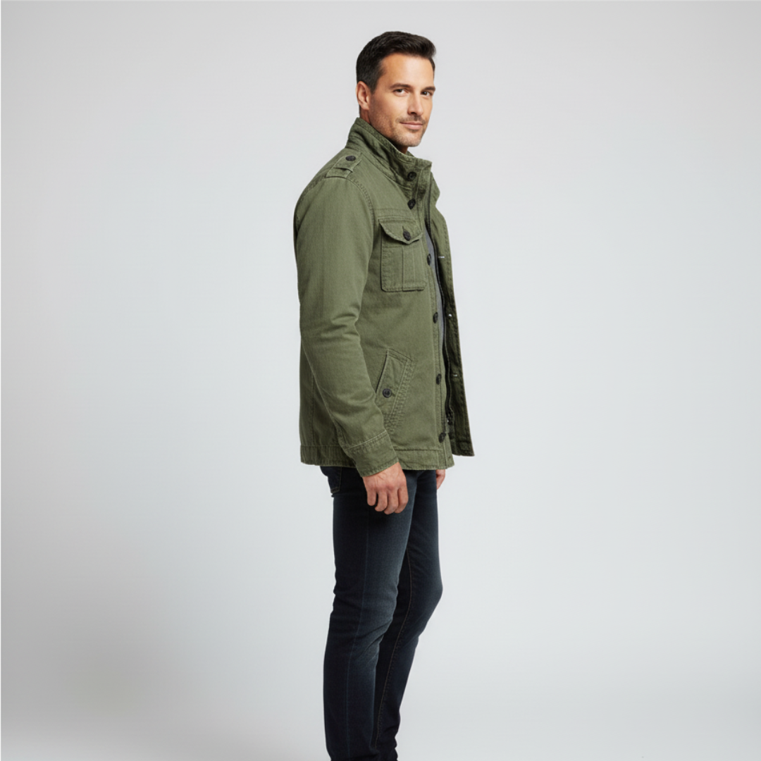 Drune | Jeansjacke Reguläre Passform Knopfverschluss Hoher Kragen Mehrere Taschen Schulterklappen
