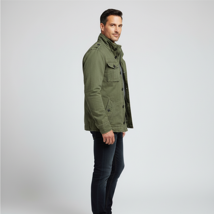 Drune | Jeansjacke Reguläre Passform Knopfverschluss Hoher Kragen Mehrere Taschen Schulterklappen