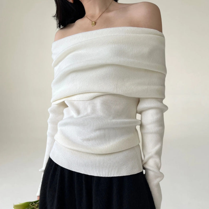 Drune | Off Shoulder Pullover Rippstrick Slim Fit Elegantes Drapiertes Design