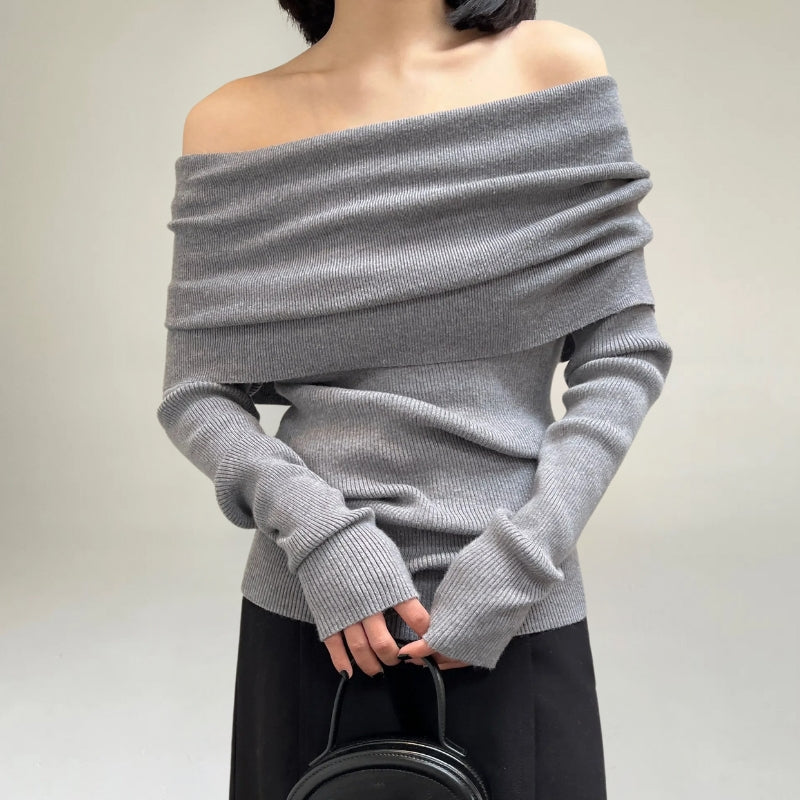 Drune | Off Shoulder Pullover Rippstrick Slim Fit Elegantes Drapiertes Design