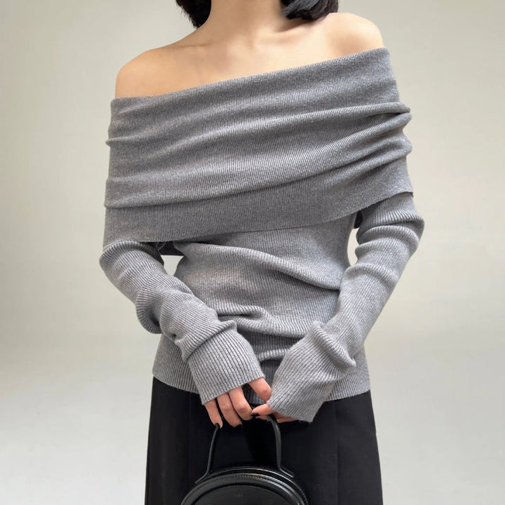 Drune | Off Shoulder Pullover Rippstrick Slim Fit Elegantes Drapiertes Design