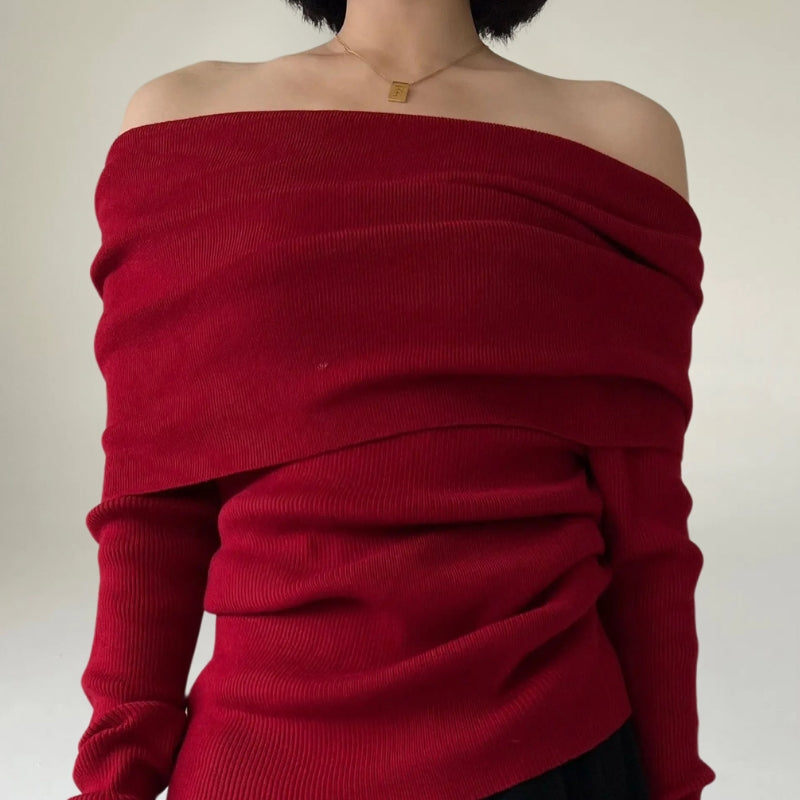 Drune | Off Shoulder Pullover Rippstrick Slim Fit Elegantes Drapiertes Design