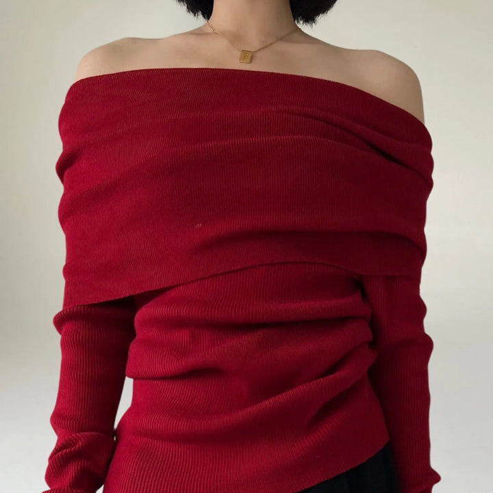 Drune | Off Shoulder Pullover Rippstrick Slim Fit Elegantes Drapiertes Design
