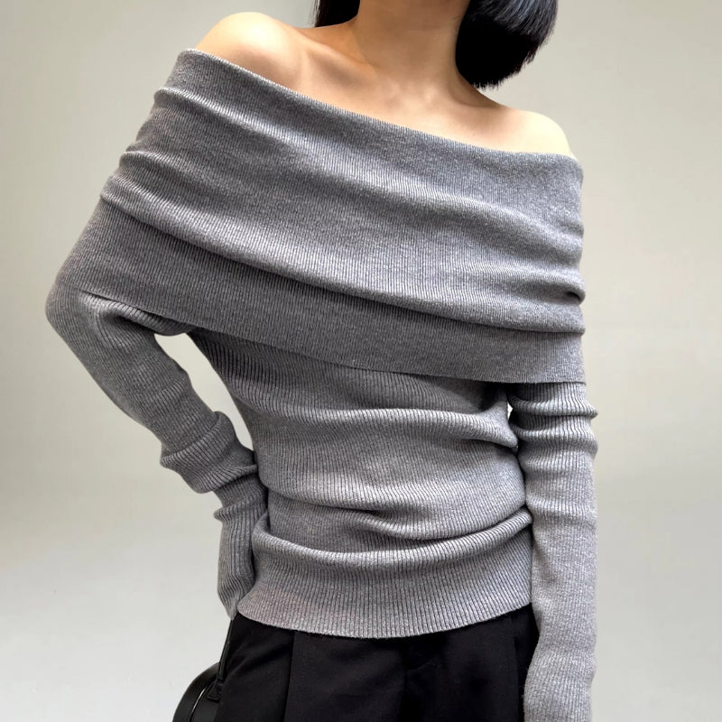 Drune | Off Shoulder Pullover Rippstrick Slim Fit Elegantes Drapiertes Design