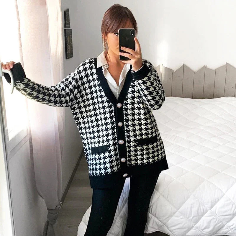 Drune | Hahnentrittmuster-Cardigan mit Kontrastleiste
