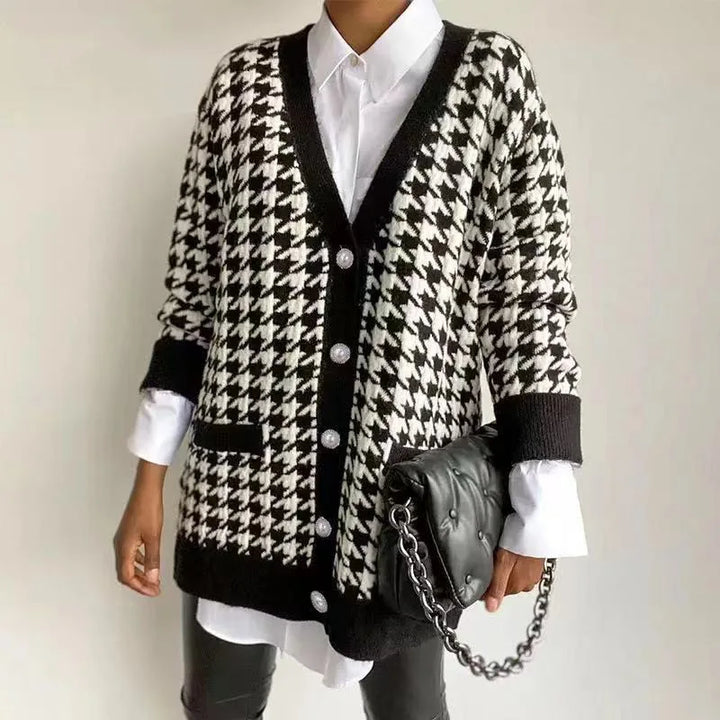 Drune | Hahnentrittmuster-Cardigan mit Kontrastleiste