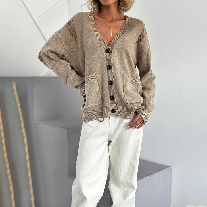 Drune | Damen Baumwollmix Pullover mit V-Ausschnitt und aufgesetzten Taschen