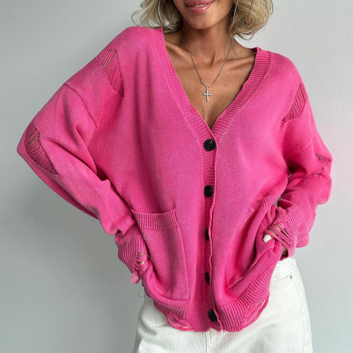 Drune | Damen Baumwollmix Pullover mit V-Ausschnitt und aufgesetzten Taschen