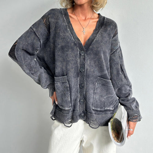 Drune | Damen Baumwollmix Pullover mit V-Ausschnitt und aufgesetzten Taschen