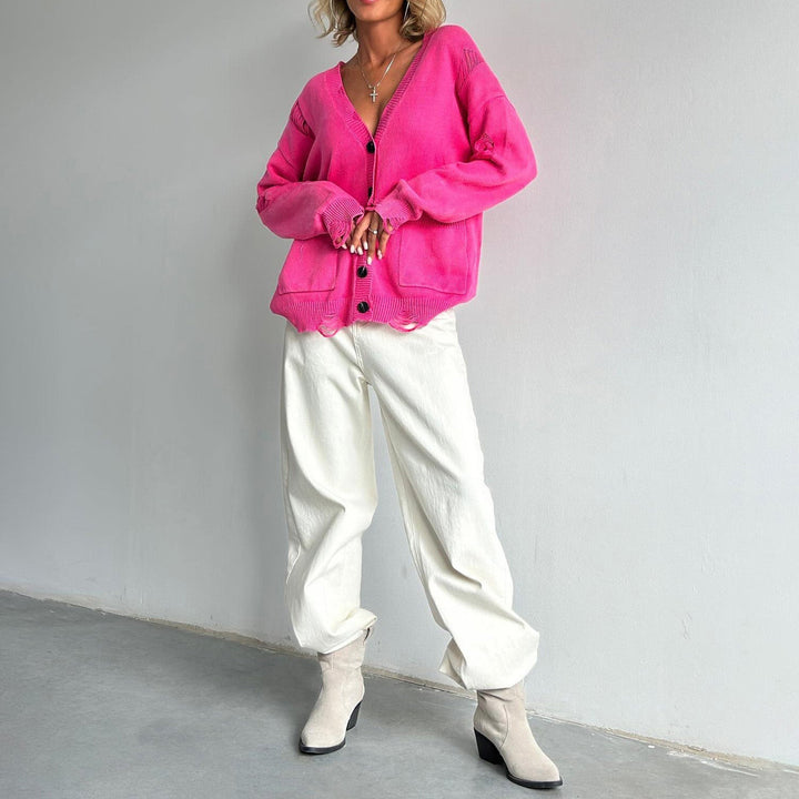 Drune | Damen Baumwollmix Pullover mit V-Ausschnitt und aufgesetzten Taschen