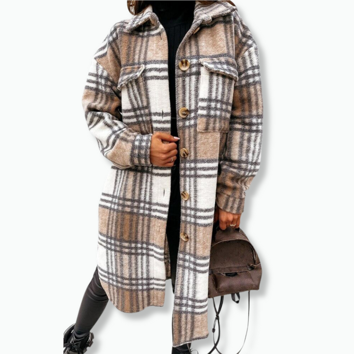 Drune | Lang Kariert Mantel Wollmischung Elegant und Warm