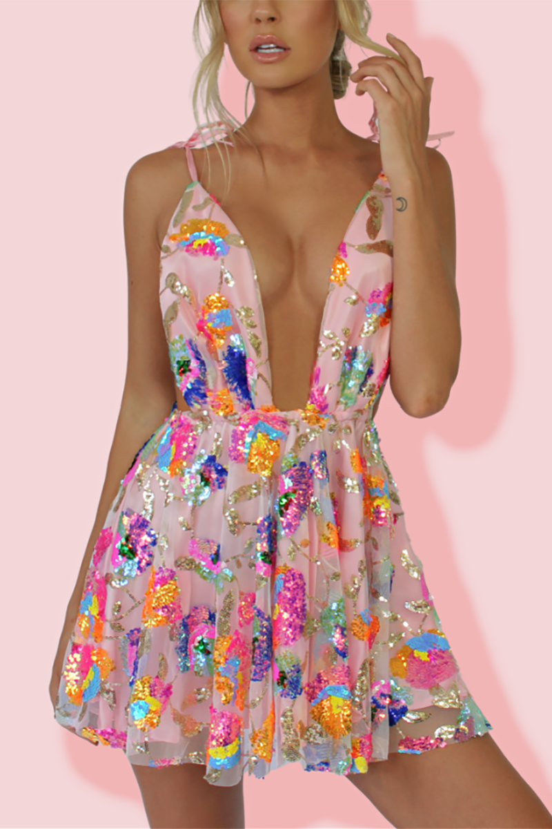 Drune | Regenbogen Pailletten Offene Rücken Slip Mini Kleid