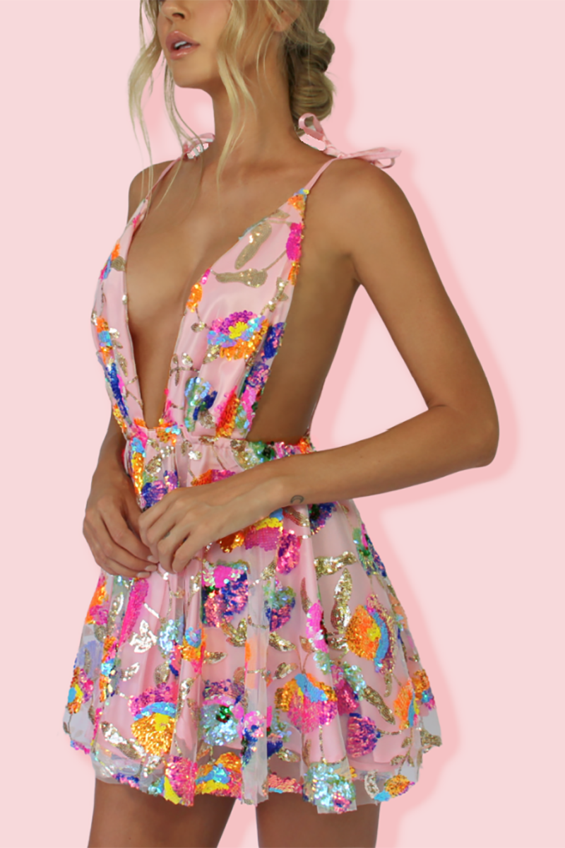 Drune | Regenbogen Pailletten Offene Rücken Slip Mini Kleid
