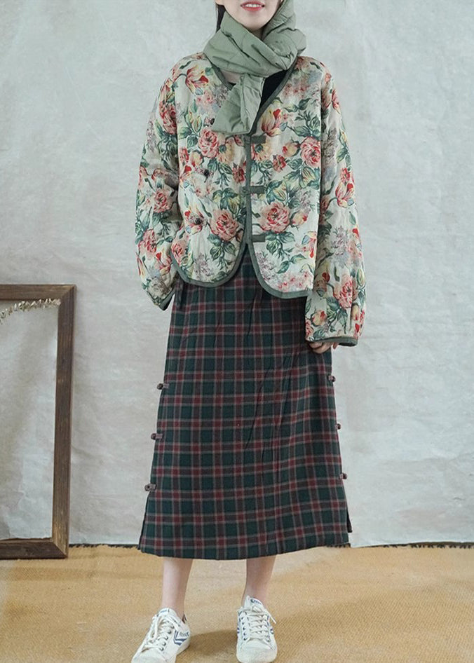 Drune | Beiger Oversized Print Feine Baumwollgefüllte Damen Wintermäntel
