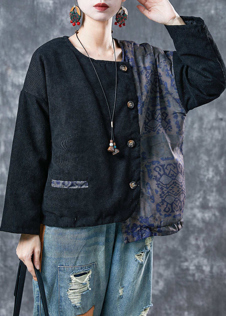 Drune | Schwarze asymmetrische Patchwork Feine Baumwolle gefüllte Mäntel Winter