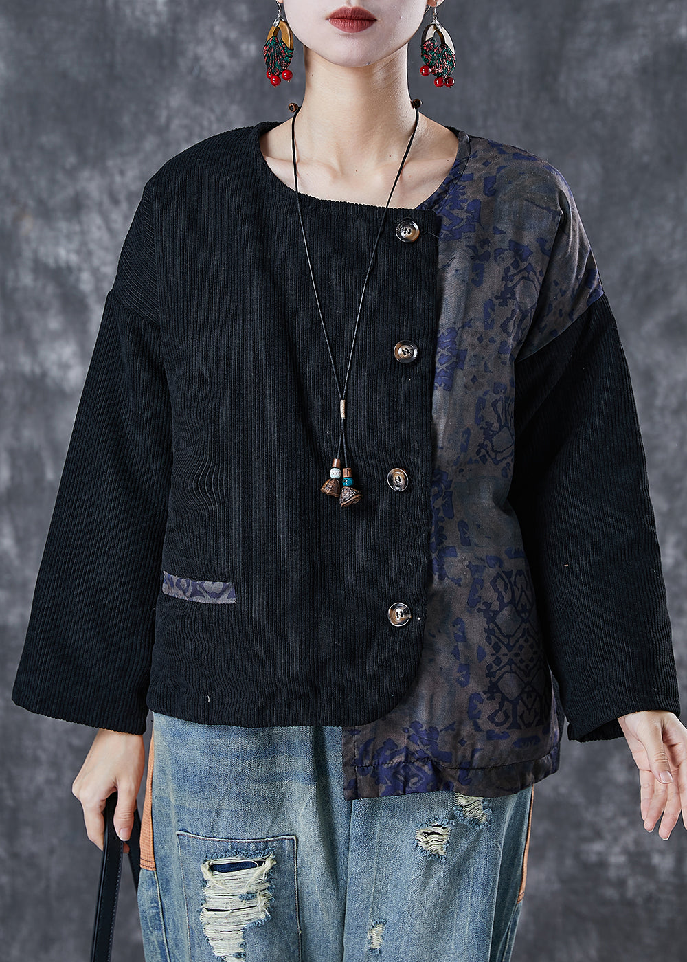 Drune | Schwarze asymmetrische Patchwork Feine Baumwolle gefüllte Mäntel Winter