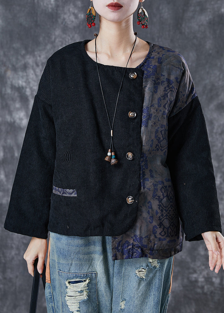 Drune | Schwarze asymmetrische Patchwork Feine Baumwolle gefüllte Mäntel Winter