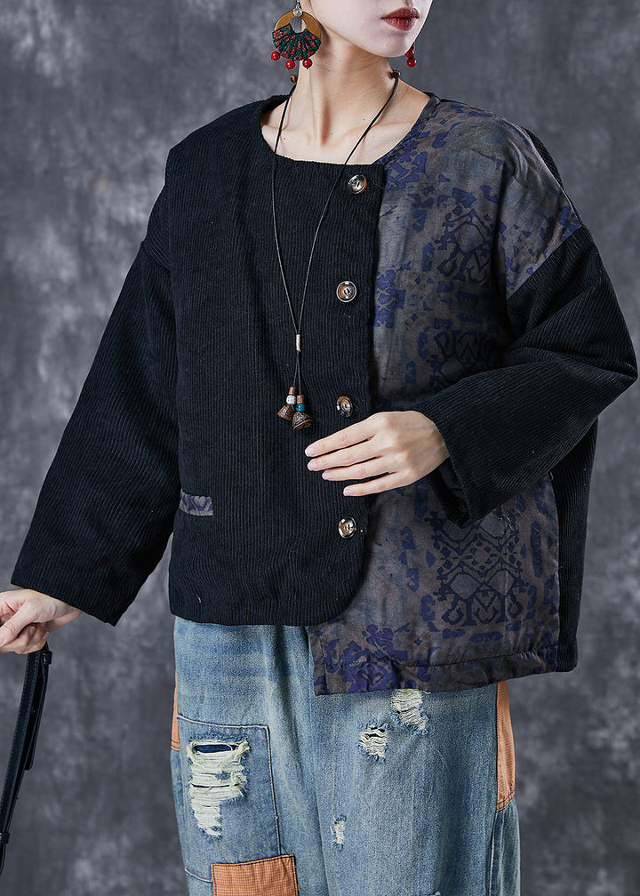 Drune | Schwarze asymmetrische Patchwork Feine Baumwolle gefüllte Mäntel Winter