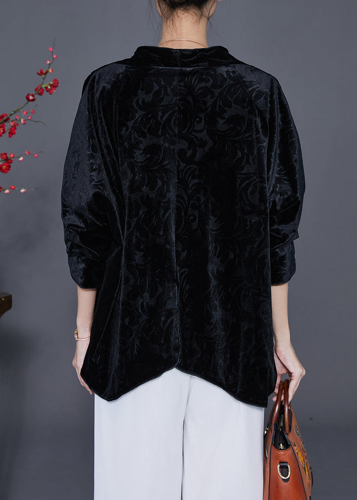 Drune | Schwarze Jacquard-Chinesische Knopf-Seidenveloursjacken