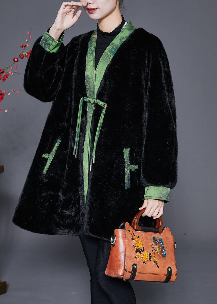 Drune | Schwarze Übergroße Patchwork Nerzveloursmäntel Winter