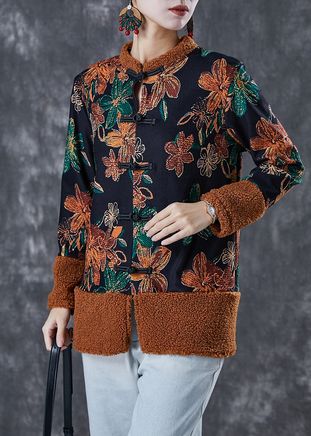 Drune | Schwarze Druck Patchwork Warme Fleece Mäntel Winter