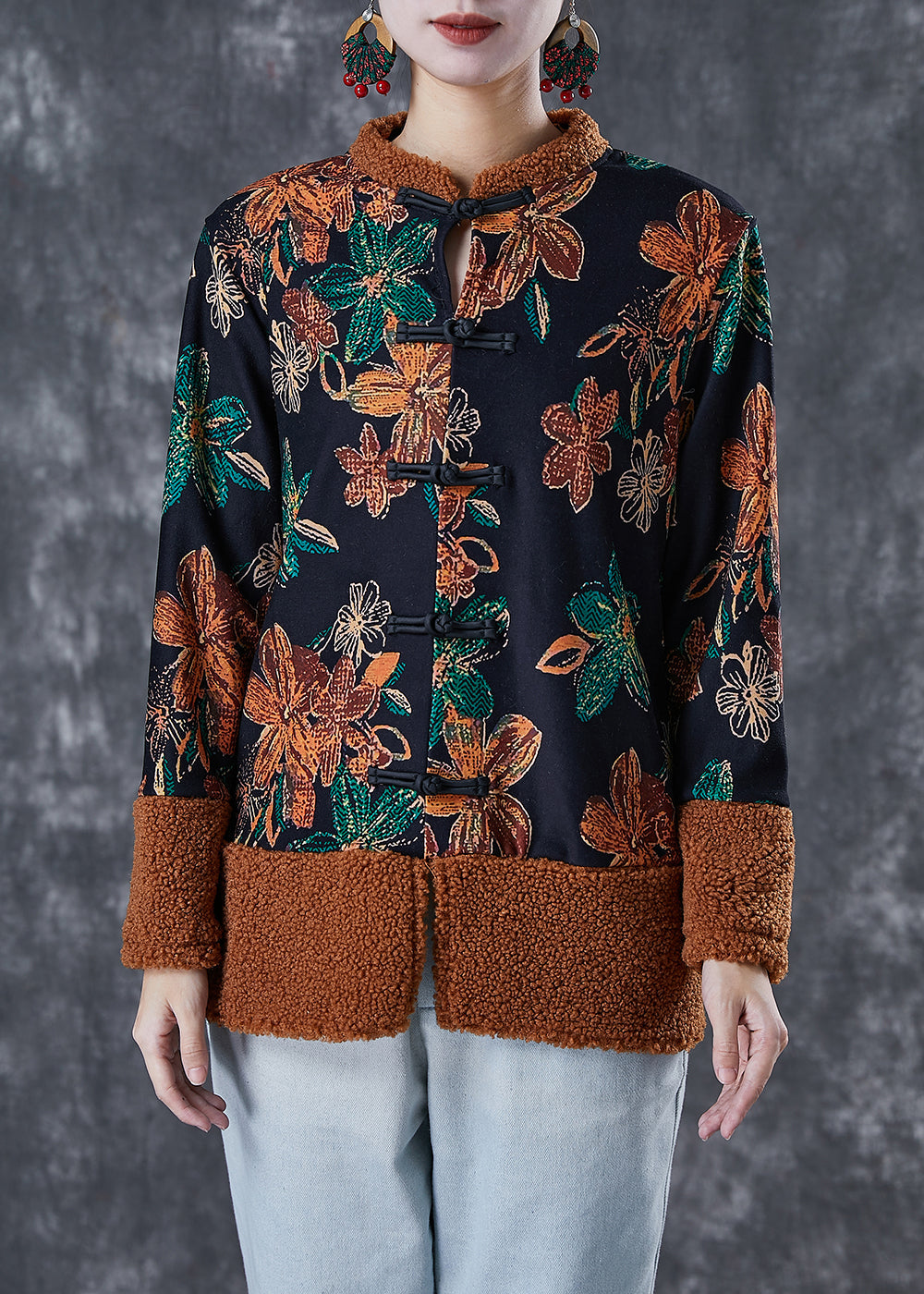 Drune | Schwarze Druck Patchwork Warme Fleece Mäntel Winter
