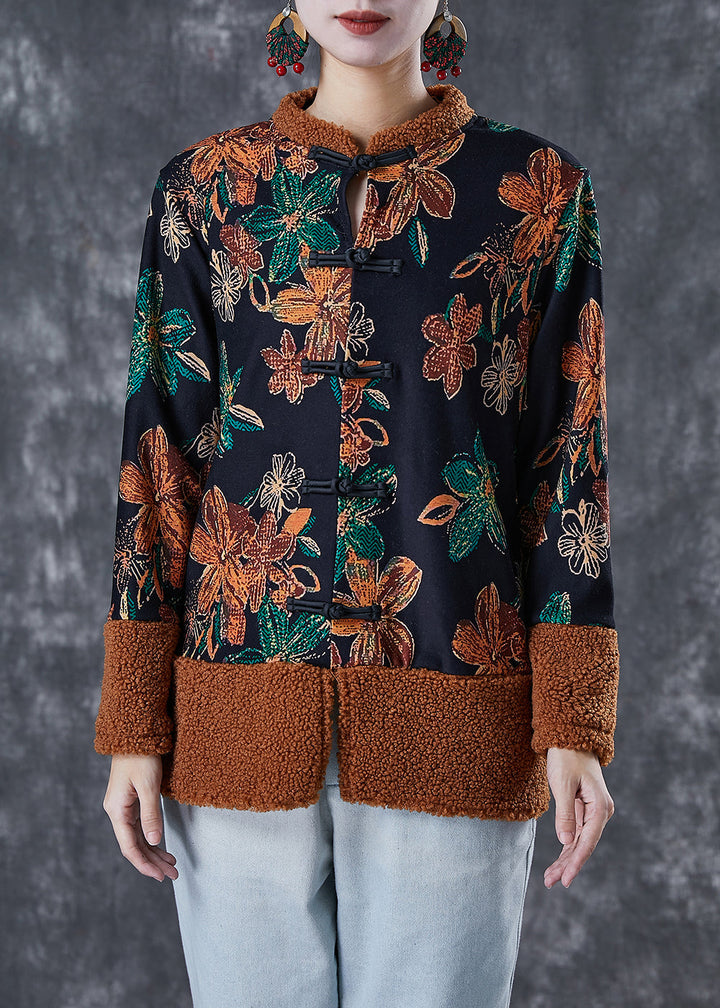 Drune | Schwarze Druck Patchwork Warme Fleece Mäntel Winter