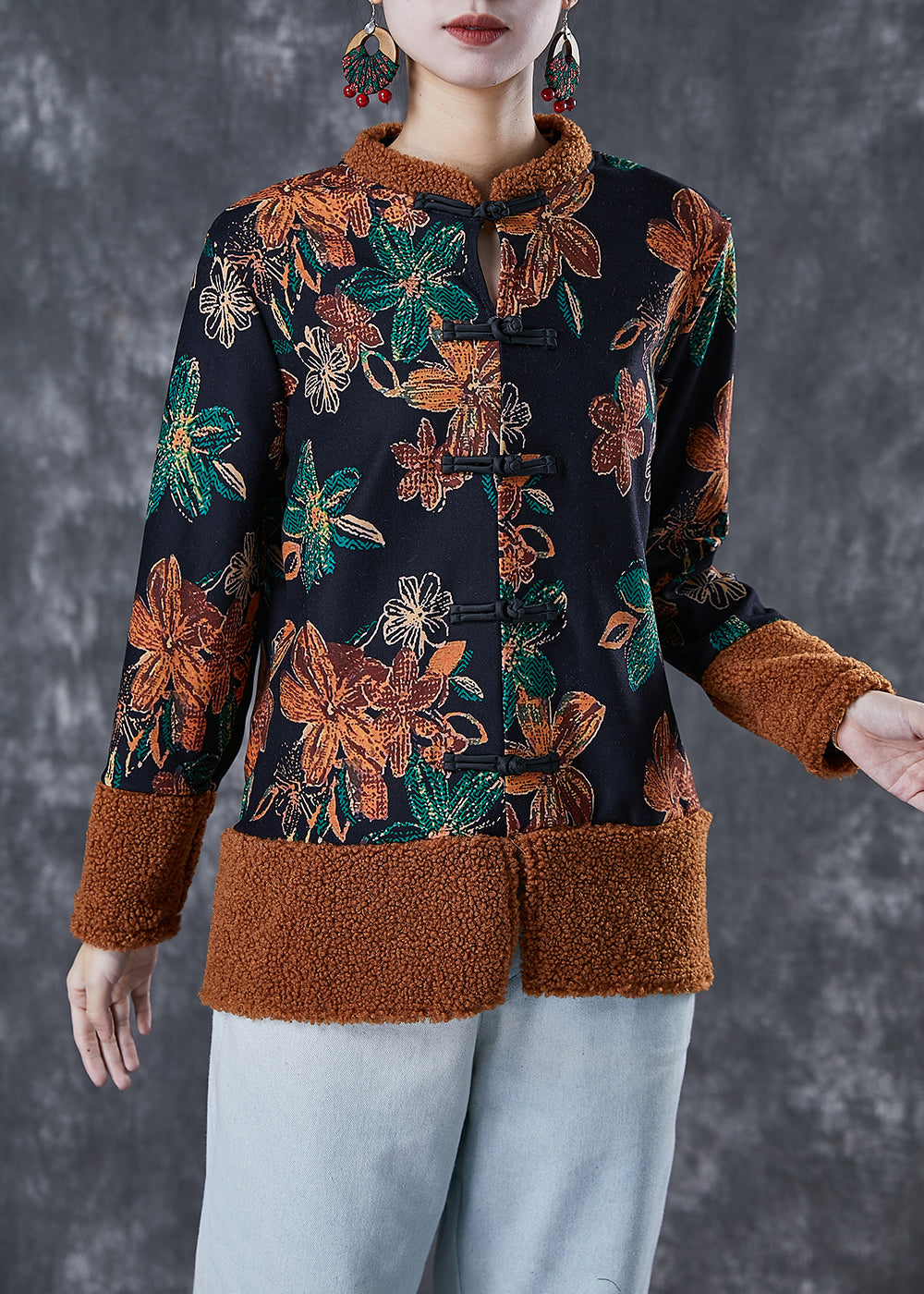 Drune | Schwarze Druck Patchwork Warme Fleece Mäntel Winter