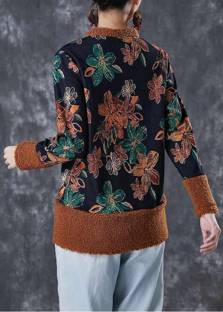 Drune | Schwarze Druck Patchwork Warme Fleece Mäntel Winter