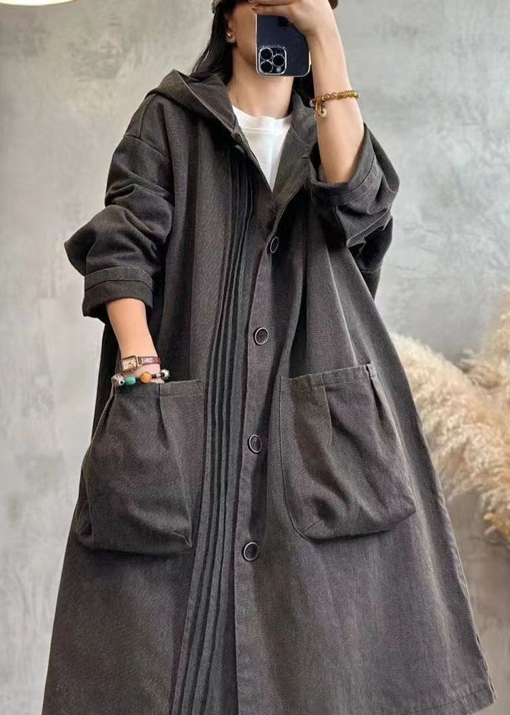 Drune | Schwarz gewellter Patchwork Button Kapuzen Denim Trenchcoats Langarm