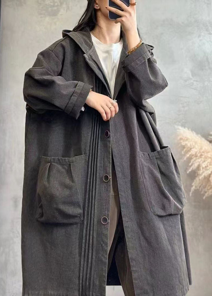 Drune | Schwarz gewellter Patchwork Button Kapuzen Denim Trenchcoats Langarm