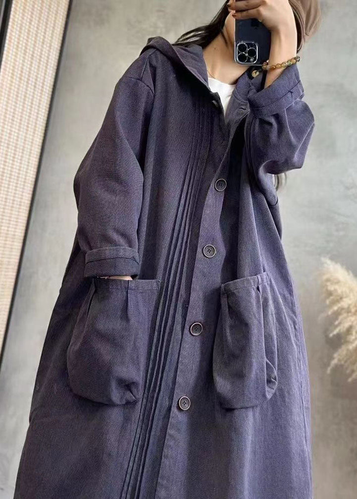 Drune | Schwarz gewellter Patchwork Button Kapuzen Denim Trenchcoats Langarm
