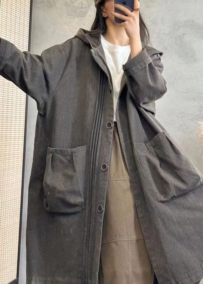 Drune | Schwarz gewellter Patchwork Button Kapuzen Denim Trenchcoats Langarm