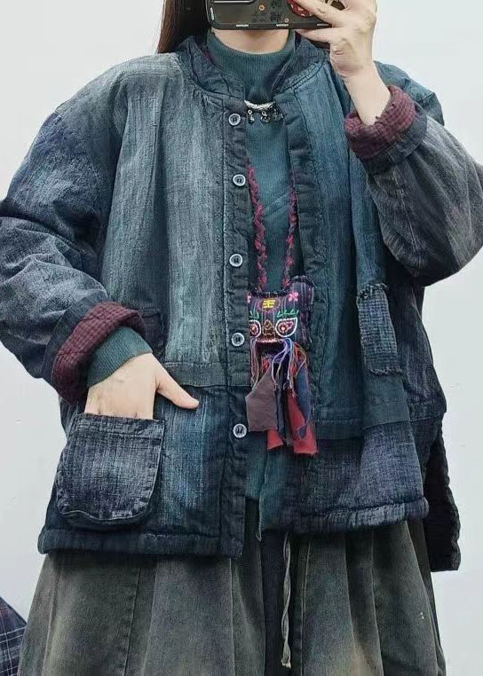 Drune | Blaue Stehkragen Taschen Patchwork Fein Baumwollgefüllte Jacken Winter