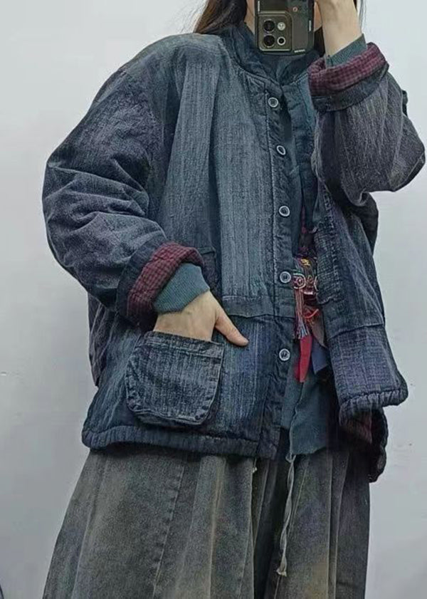 Drune | Blaue Stehkragen Taschen Patchwork Fein Baumwollgefüllte Jacken Winter
