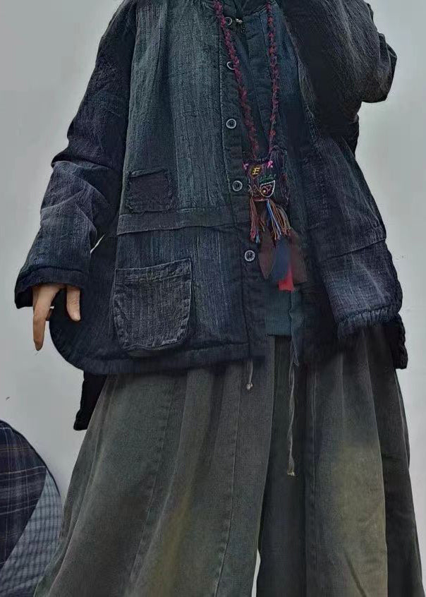 Drune | Blaue Stehkragen Taschen Patchwork Fein Baumwollgefüllte Jacken Winter