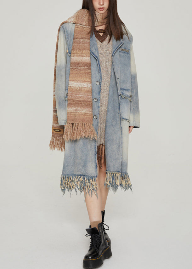 Drune | Blaue Quasten Taschen Patchwork Denim Lange Mäntel