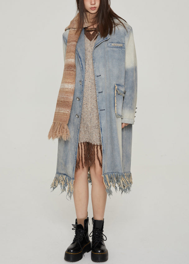 Drune | Blaue Quasten Taschen Patchwork Denim Lange Mäntel