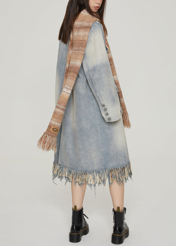 Drune | Blaue Quasten Taschen Patchwork Denim Lange Mäntel