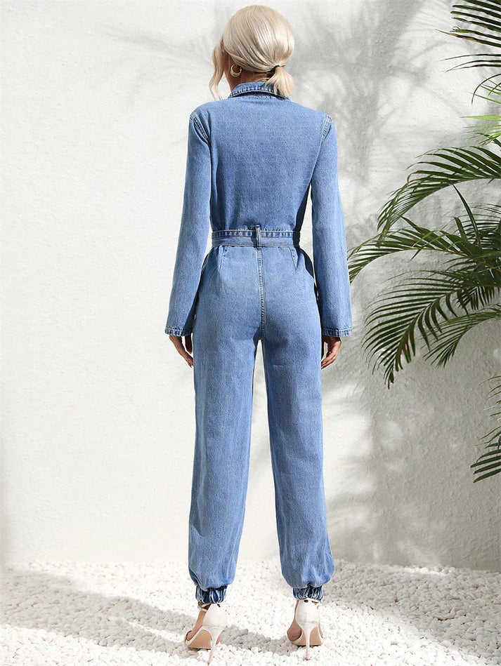 Drune | Lässiger Denim-Jumpsuit Mit Gürtel Und Langen Ärmeln Für Damen