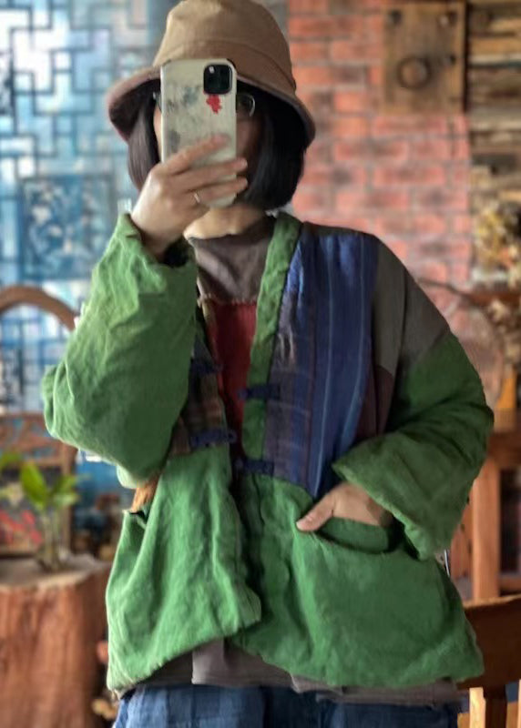 Drune | Grüne V-Ausschnitt Taschen Patchwork Feine Baumwollgefüllte Jacken Winter