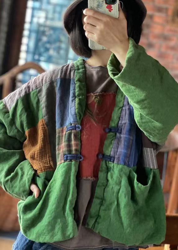 Drune | Grüne V-Ausschnitt Taschen Patchwork Feine Baumwollgefüllte Jacken Winter
