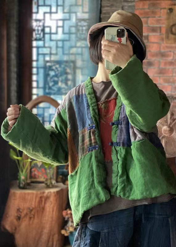 Drune | Grüne V-Ausschnitt Taschen Patchwork Feine Baumwollgefüllte Jacken Winter