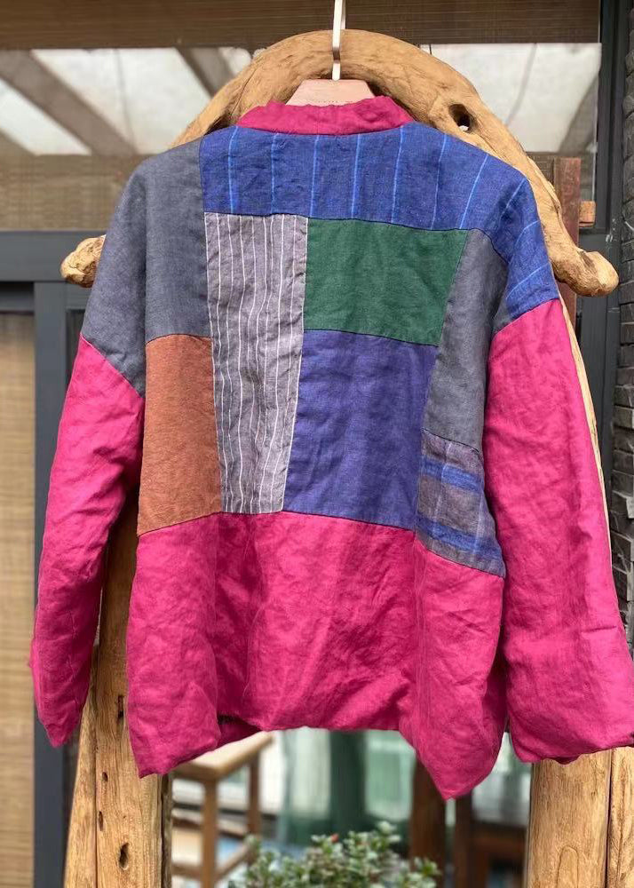 Drune | Grüne V-Ausschnitt Taschen Patchwork Feine Baumwollgefüllte Jacken Winter