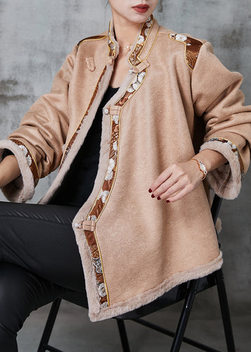 Drune | Khaki Chinesischer Knopf Patchwork Warme Fleece Mäntel
