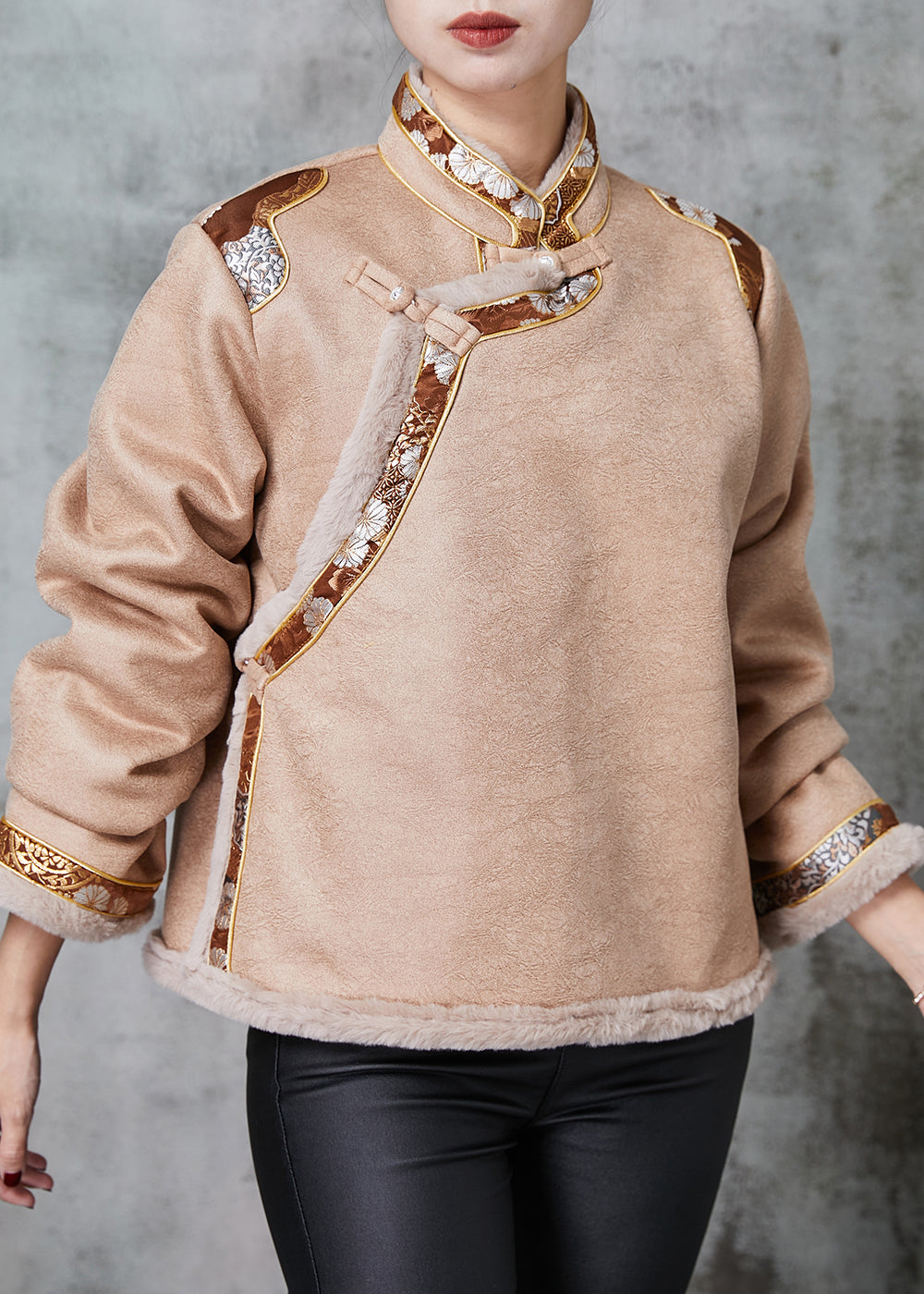 Drune | Khaki Chinesischer Knopf Patchwork Warme Fleece Mäntel