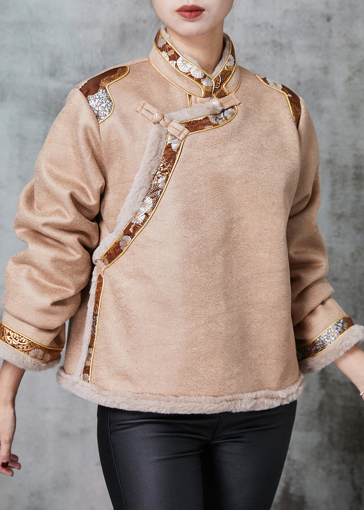 Drune | Khaki Chinesischer Knopf Patchwork Warme Fleece Mäntel