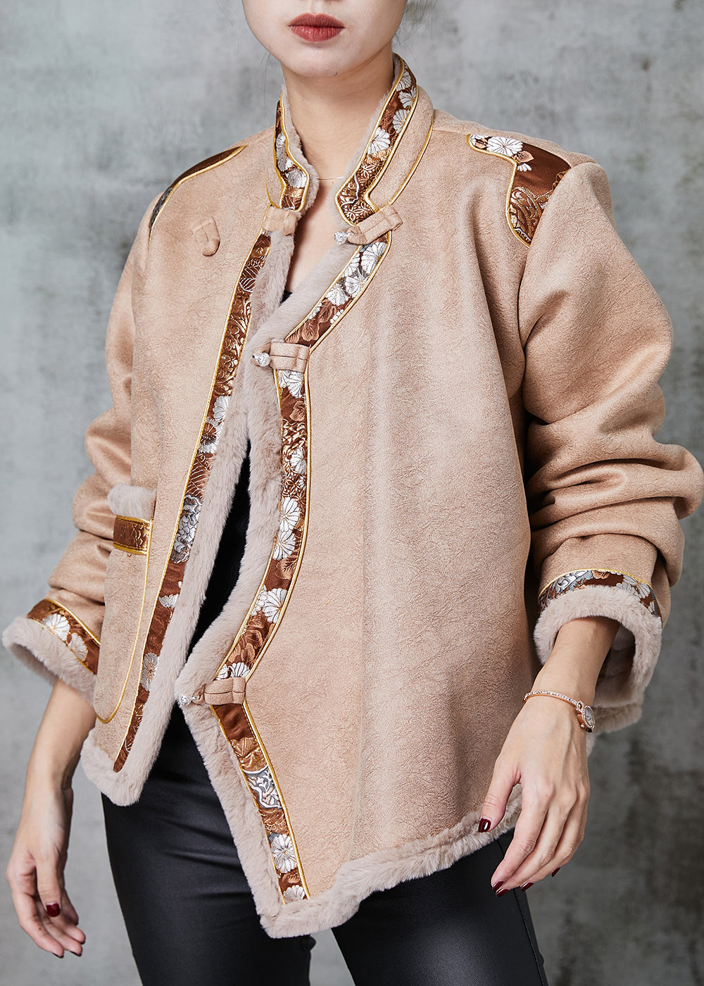Drune | Khaki Chinesischer Knopf Patchwork Warme Fleece Mäntel